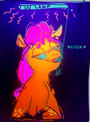Size: 1222x1639 | Tagged: safe, artist:alumx, character:sunny starscout, species:earth pony, species:pony, g5, bust, dialogue, speech bubble, text, uv light