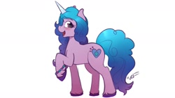 Size: 1600x900 | Tagged: safe, artist:ratofdrawn, character:izzy moonbow, species:pony, species:unicorn, g5, gradient hair, horn pattern, raised hoof, simple background, solo, unshorn fetlocks, white background