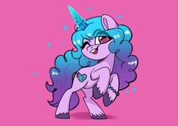 Size: 3237x2288 | Tagged: safe, artist:techycutie, character:izzy moonbow, species:pony, species:unicorn, g5, glowing horn, gradient hair, high res, horn pattern, izzybetes, magic, pink background, rearing, simple background, solo, sparkles, unshorn fetlocks, wink