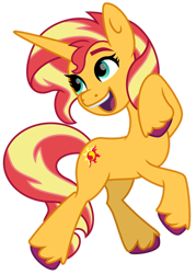 Size: 1024x1429 | Tagged: safe, artist:emeraldblast63, character:sunset shimmer, species:pony, species:unicorn, g5, bushy brows, g4 to g5, happy, open mouth, raised hoof, simple background, solo, transparent background, unshorn fetlocks