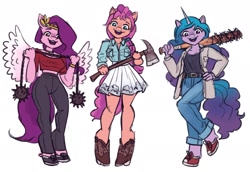 Size: 1600x1100 | Tagged: safe, artist:king-kakapo, character:izzy moonbow, character:pipp petals, character:sunny starscout, species:anthro, g5, axe, clothing, coat, gradient hair, horn, horn pattern, jeans, looking at you, menacing, morning star, pipp wings, shirt, simple background, skirt, spiked club, t-shirt, tail, white background, wings