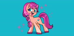 Size: 4096x2030 | Tagged: safe, artist:techycutie, character:sunny starscout, species:earth pony, species:pony, g5, braid, high res, open mouth, simple background, smiling, solo, sparkles, sunnybetes, unshorn fetlocks