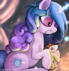 Size: 1712x1768 | Tagged: safe, artist:colochenni, character:izzy moonbow, species:pony, species:unicorn, g5, glowing horn, gradient hair, horn pattern, magic, plushie, solo, unshorn fetlocks