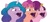 Size: 1961x878 | Tagged: safe, artist:vwallacebrother, character:izzy moonbow, character:pipp petals, character:sunny starscout, species:earth pony, species:pegasus, species:pony, species:unicorn, g5, alternate eye color, bust, colored eyebrows, colored pupils, eye clipping through hair, eyebrows, eyebrows visible through hair, gradient hair, horn pattern, open mouth, pipp wings, pog, red eyes, simple background, white background, wrong eye color