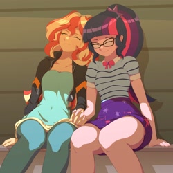 Size: 4000x4000 | Tagged: safe, artist:rockset, character:sunset shimmer, character:twilight sparkle, character:twilight sparkle (eqg), species:human, ship:sunsetsparkle, g4, female, holding hands, humanized, sitting, sleeping
