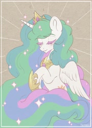 Size: 1475x2048 | Tagged: safe, artist:hawthornss, character:princess celestia, species:alicorn, species:pony, g4, eyes closed, fluffy mane, glowing, jewelry, regalia, simple background, smiling, solo, sparkles, spread wings, tiara, wings