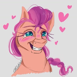 Size: 1575x1575 | Tagged: safe, artist:pixthemallow, character:sunny starscout, species:earth pony, species:pony, g5, blushing, braid, bust, heart, simple background, smiling, solo
