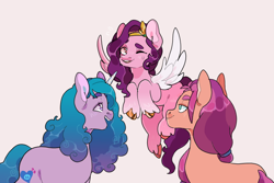 Size: 652x435 | Tagged: safe, artist:xeiphi, character:izzy moonbow, character:pipp petals, character:sunny starscout, species:earth pony, species:pegasus, species:pony, species:unicorn, g5, flying, gradient hair, horn pattern, pipp wings, simple background, spread wings, unshorn fetlocks, wings