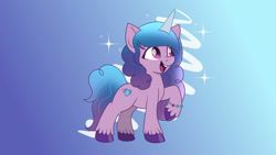 Size: 1280x720 | Tagged: safe, artist:envygirl95, character:izzy moonbow, species:pony, species:unicorn, g5, bracelet, gradient hair, horn pattern, open mouth, raised hoof, simple background, smiling, sparkles, unshorn fetlocks