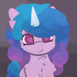 Size: 1500x1500 | Tagged: safe, alternate version, artist:rhythmpixel, character:izzy moonbow, species:pony, species:unicorn, g5, bust, chest fluff, gradient hair, heart eyes, horn pattern, looking at you, simple background, solo