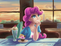 Size: 1280x961 | Tagged: safe, artist:musicalray, character:pinkie pie, species:human, g4, bust, cupcake, hand on chin, humanized, ice cream, looking up, smiling, solo, sunset, table, window