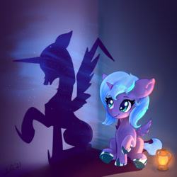 Size: 1280x1280 | Tagged: safe, artist:xbi, character:nightmare moon, character:princess luna, species:alicorn, species:pony, g4, duality, filly luna, lantern, shadow, woona