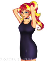 Size: 1920x2343 | Tagged: safe, artist:melanyschaffer, character:sunset shimmer, species:human, g4, black dress, choker, humanized, ponytail, simple background, solo, transparent background
