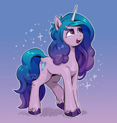 Size: 1024x1074 | Tagged: safe, artist:porcelanowyokular, character:izzy moonbow, species:pony, species:unicorn, g5, gradient hair, horn pattern, simple background, solo, sparkles, unshorn fetlocks