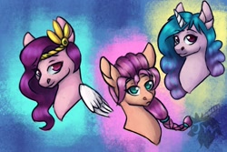 Size: 3000x2000 | Tagged: safe, artist:jazzwolf347, character:izzy moonbow, character:pipp petals, character:sunny starscout, species:earth pony, species:pegasus, species:pony, species:unicorn, g5, braid, bust, circlet, gradient hair, horn pattern, pipp wings, simple background