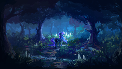 Size: 1920x1080 | Tagged: safe, artist:plainoasis, character:princess luna, species:alicorn, species:pony, g4, creek, cutie mark, female, forest, glow, looking back, magic, mare, missing accessory, night, painting, scenery, solo, tree, water