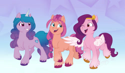 Size: 1280x747 | Tagged: safe, artist:maybehawthorn, character:izzy moonbow, character:pipp petals, character:sunny starscout, species:earth pony, species:pegasus, species:pony, species:unicorn, g5, adorapipp, braid, circlet, cute, gradient hair, horn pattern, pipp wings, unshorn fetlocks, walking