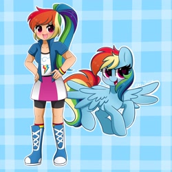 Size: 4096x4093 | Tagged: safe, artist:kittyrosie, character:rainbow dash, species:eqg human, species:pegasus, species:pony, g4, duality, ponytail, simple background, spread wings, wings