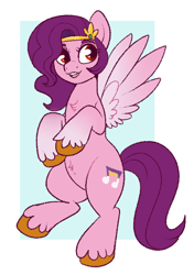 Size: 494x700 | Tagged: safe, artist:lulubell, character:pipp petals, species:pegasus, species:pony, g5, chest fluff, cutie mark, jeadband, open mouth, pipp wings, simple background, smiling, solo, spread wings, unshorn fetlocks, wings