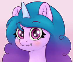 Size: 1280x1088 | Tagged: safe, artist:yelowcrom, character:izzy moonbow, species:pony, species:unicorn, g5, blushing, bust, ear fluff, gradient hair, horn pattern, simple background, solo