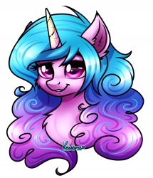 Size: 1820x2115 | Tagged: safe, artist:kruszyna250, character:izzy moonbow, species:pony, species:unicorn, g5, bust, chest fluff, ear fluff, gradient hair, horn pattern, izzybetes, simple background, solo, white background
