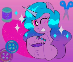 Size: 1492x1270 | Tagged: safe, artist:mewnikitty, character:izzy moonbow, species:pony, species:unicorn, g5, bracelet, bust, chest fluff, gradient hair, horn pattern, simple background, solo, sparkles, unshorn fetlocks