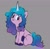 Size: 1314x1276 | Tagged: safe, artist:pucksterv, character:izzy moonbow, species:pony, species:unicorn, g5, blushing, colored hooves, cute, gradient hair, gray background, hooves, horn pattern, izzybetes, looking down, looking sideways, simple background, sitting, solo, three quarter view, unshorn fetlocks