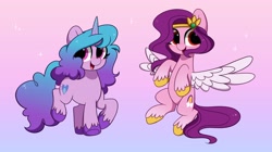 Size: 4096x2289 | Tagged: safe, artist:kittyrosie, character:izzy moonbow, character:pipp petals, species:pegasus, species:pony, species:unicorn, g5, adorapipp, circlet, cute, gradient hair, horn pattern, pipp wings, simple background, spread wings, unshorn fetlocks, wings