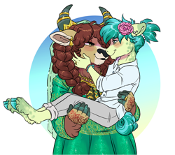 Size: 1280x1137 | Tagged: safe, artist:lopoddity, character:sandbar, character:yona, species:anthro, species:earth pony, species:pony, species:unguligrade anthro, species:yak, pandoraverse, ship:yonabar, g4, bridal carry, carrying, cute, duo, female, interspecies, male, shipping, straight, wedding