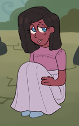Size: 387x618 | Tagged: safe, artist:greenarsonist, character:pinkie pie, species:human, g4, clothing, dark skin, humanized, long skirt, natural eye color, natural hair color, nonbinary, rock farm, sad, sitting, skirt, solo, younger