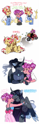 Size: 1024x3257 | Tagged: safe, artist:lopoddity, character:flam, character:flim, oc, oc:artemis, oc:jam sandwich, parent:cheese sandwich, parent:oc:daedalus ravenwing, parent:pinkie pie, parent:princess luna, parents:canon x oc, parents:cheesepie, species:alicorn, species:anthro, species:earth pony, species:pony, pandoraverse, g4, agender, brothers, female, female/nonbinary, flim flam brothers, glasses, male, motorcycle, nonbinary, oc x oc, offspring, shipping, twins