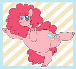 Size: 835x760 | Tagged: safe, artist:greenarsonist, character:pinkie pie, species:earth pony, species:pony, g4, chubbie pie, chubby, looking at you, nonbinary, pose, posing for photo, simple background, smiling, solo, unshorn fetlocks