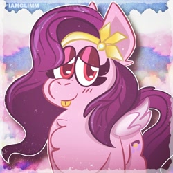 Size: 1024x1024 | Tagged: safe, artist:iamglimm, character:pipp petals, species:pegasus, species:pony, g5, adorapipp, alternate eye color, blep, bust, chest fluff, circlet, cute, female, headband, looking at you, mare, pipp wings, red eyes, signature, solo, tongue out