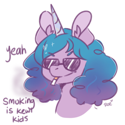Size: 768x768 | Tagged: safe, artist:kokoaapuffs, character:izzy moonbow, species:pony, species:unicorn, g5, bust, cigarette, ear fluff, gradient hair, horn pattern, mouth hold, simple background, smoking, solo, sunglasses, text, white background