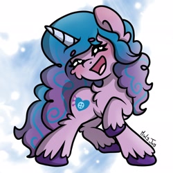 Size: 2048x2048 | Tagged: safe, artist:floramorian, character:izzy moonbow, species:pony, species:unicorn, g5, chest fluff, cutie mark, gradient hair, horn pattern, laughing, raised hoof, simple background, solo, unshorn fetlocks