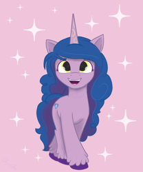 Size: 1280x1538 | Tagged: safe, artist:chopsticks-pony, character:izzy moonbow, species:pony, species:unicorn, g5, cutie mark, gradient hair, horn pattern, looking at you, simple background, solo, sparkles, unshorn fetlocks