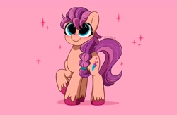 Size: 4096x2671 | Tagged: safe, artist:kittyrosie, character:sunny starscout, species:earth pony, species:pony, g5, braid, cutie mark, raised hoof, simple background, smiling, solo, sparkles, sunnybetes, unshorn fetlocks