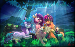 Size: 3817x2378 | Tagged: safe, artist:alumx, character:izzy moonbow, character:pipp petals, character:sunny starscout, species:earth pony, species:pegasus, species:pony, species:unicorn, g5, bag, beautiful, circlet, glowing horn, gradient hair, horn pattern, lying down, magic, map, meadow, mouth hold, pipp wings, sitting, telekinesis, unshorn fetlocks
