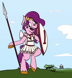 Size: 1994x2160 | Tagged: safe, artist:cowsrtasty, character:pipp petals, species:pegasus, species:pony, g5, armor, circlet, hoplite, pipp wings, shield, solo, spear, unshorn fetlocks
