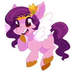 Size: 900x900 | Tagged: safe, artist:sharmie, character:pipp petals, species:pegasus, species:pony, g5, adorapipp, blank flank, chibi, circlet, cute, flying, hoof on chin, open mouth, pipp wings, simple background, smiling, solo, spread wings, unshorn fetlocks, white background, wings