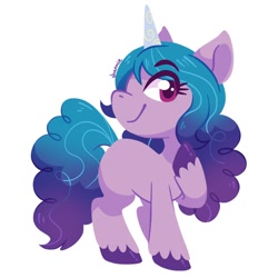 Size: 900x900 | Tagged: safe, artist:sharmie, character:izzy moonbow, species:pony, species:unicorn, g5, blank flank, gradient hair, head turn, horn pattern, izzybetes, looking sideways, raised hoof, simple background, solo, unshorn fetlocks, white background