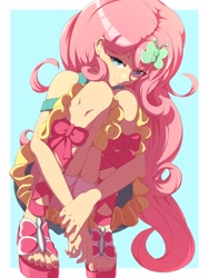 Size: 3000x4000 | Tagged: safe, artist:rockset, character:fluttershy, species:human, g4, crouching, hairpin, humanized, knees pressed together, sandals, simple background