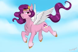 Size: 3000x2000 | Tagged: safe, artist:peachyloaf, character:pipp petals, species:pegasus, species:pony, g5, circlet, flying, pipp wings, sky, solo, spread wings, unshorn fetlocks, wings