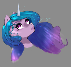 Size: 837x792 | Tagged: safe, artist:jooiesama, character:izzy moonbow, species:pony, species:unicorn, g5, bust, gradient hair, horn pattern, looking up, simple background, solo