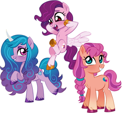 Size: 1280x1190 | Tagged: safe, artist:cryptidcake, character:izzy moonbow, character:pipp petals, character:sunny starscout, species:earth pony, species:pegasus, species:pony, species:unicorn, g5, adorapipp, braid, cute, flying, gradient hair, horn pattern, pipp wings, simple background, spread wings, transparent background, unshorn fetlocks, white background, wings