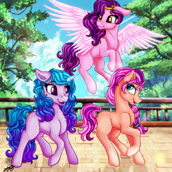 Size: 1280x1280 | Tagged: safe, artist:stainedglasslighthea, character:izzy moonbow, character:pipp petals, character:sunny starscout, species:earth pony, species:pegasus, species:pony, species:unicorn, g5, adorapipp, braid, chest fluff, circlet, complex background, cute, flying, gradient hair, pipp wings, spread wings, wings