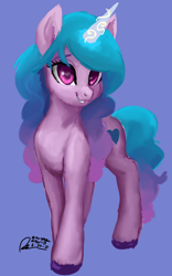 Size: 1600x2560 | Tagged: safe, artist:raphaeldavid, character:izzy moonbow, species:pony, species:unicorn, g5, cutie mark, glowing horn, gradient hair, horn pattern, looking at you, magic, simple background, smiling, solo, unshorn fetlocks