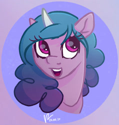 Size: 1280x1347 | Tagged: safe, artist:horsewithacoat, character:izzy moonbow, species:pony, species:unicorn, g5, bust, gradient hair, horn pattern, open mouth, simple background, smiling, solo