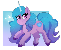 Size: 1024x827 | Tagged: safe, artist:emera33, character:izzy moonbow, species:pony, species:unicorn, g5, cutie mark, gradient hair, horn pattern, simple background, solo, stars, unshorn fetlocks