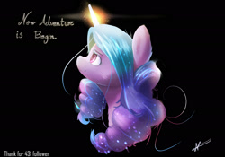 Size: 1920x1344 | Tagged: safe, artist:naafreelanceartist, character:izzy moonbow, species:pony, species:unicorn, g5, black background, bust, cheek fluff, ear fluff, engrish, glowing horn, gradient hair, magic, simple background, solo, text
